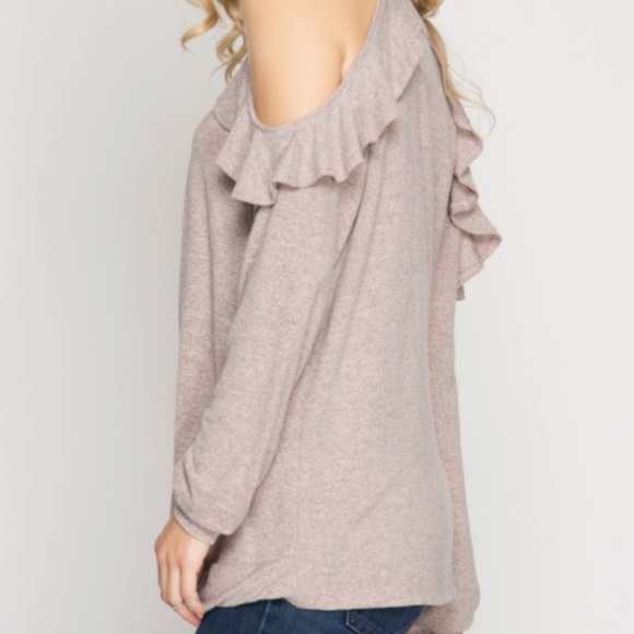 Light Pink Taupe Ruffle Cold Shoulder Top - Picture 4 of 5